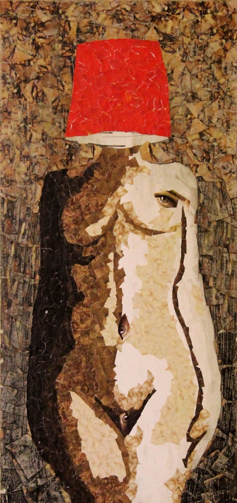 BHB, Collage, 32" x 15", 2011, The beginnings of an exploration of the urban colloquialism "Bucket Headed Bitch." BHB a sexually ambiguous yet still sexual term, effectively highlighting the sexual organs, and depriving the objected of the senses expect for touch.