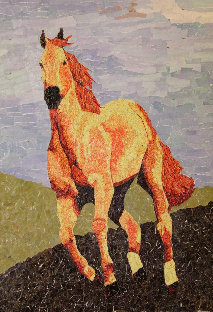 Del Fuego, Collage, 24"x15", 2010, A detailed study of a galloping horse.